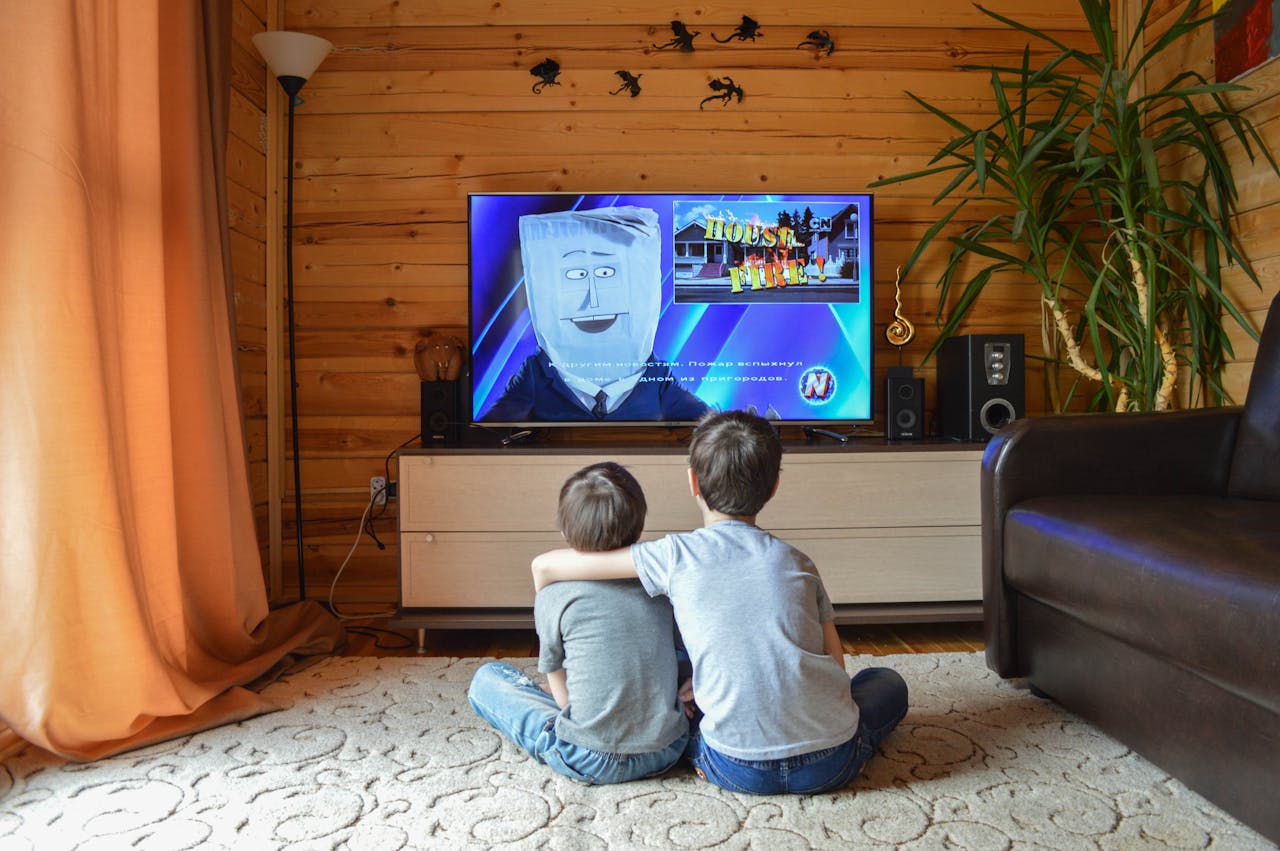 Two brothers enjoying a cartoon in a cozy wooden living room.